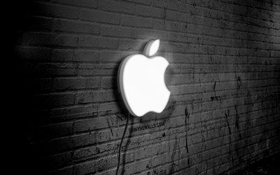 apple logo néon, 4k, noir brickwall, grunge art, créatif, logo sur le fil, apple logo blanc, logo apple, œuvres d art, apple