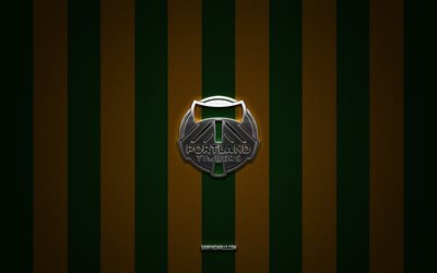 شعار بورتلاند تيمبرز, نادي كرة القدم الأمريكي, mls, خلفية الكربون الأصفر الأخضر, كرة القدم, بورتلاند تمبرز, الولايات المتحدة الأمريكية, دوري كرة القدم, شعار بورتلاند تيمبرز المعدني الفضي