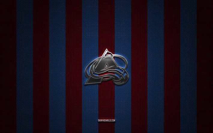 colorado avalanche-logo, amerikanisches hockeyteam, nhl, blauer lila kohlenstoffhintergrund, colorado avalanche-emblem, hockey, colorado avalanche-silbermetalllogo, colorado avalanche