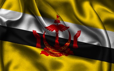 Brunei flag, 4K, Asian countries, satin flags, flag of Brunei, Day of Brunei, wavy satin flags, Brunei national symbols, Asia, Brunei