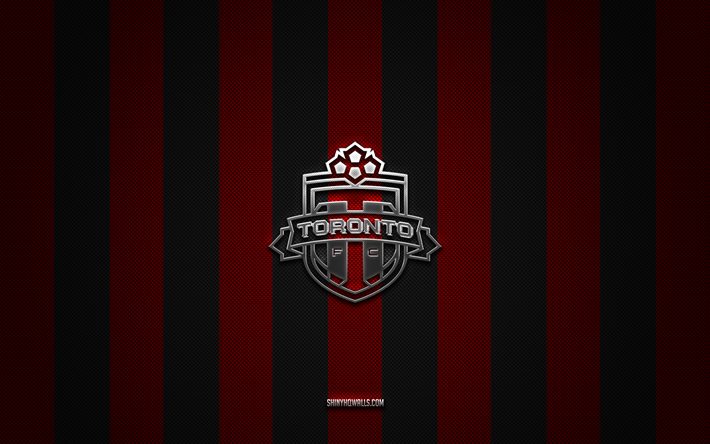 Toronto FC logo, Canadian soccer club, MLS, red black carbon background, Toronto FC emblem, soccer, Toronto FC, USA, Major League Soccer, Toronto FC silver metal logo