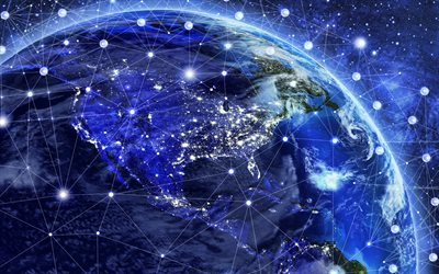 北米の通信, 4k, 宇宙からのアメリカ, アメリカのネットワーク, ソーシャルネットワーク, インターネット, 宇宙から見た北アメリカ, 技術の青い背景, 地球