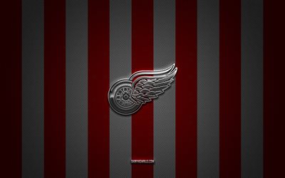 Detroit Red Wings logo, american hockey team, NHL, red white carbon background, Detroit Red Wings emblem, hockey, Detroit Red Wings silver metal logo, Detroit Red Wings