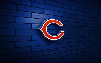 logo chicago bears 3d, 4k, mur de briques bleu, nfl, football américain, logo chicago bears, équipe de football américain, logo sportif, chicago bears