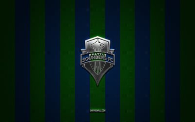 Seattle Sounders logo, American soccer club, MLS, blue green carbon background, Seattle Sounders emblem, soccer, Seattle Sounders, USA, Major League Soccer, Seattle Sounders silver metal logo