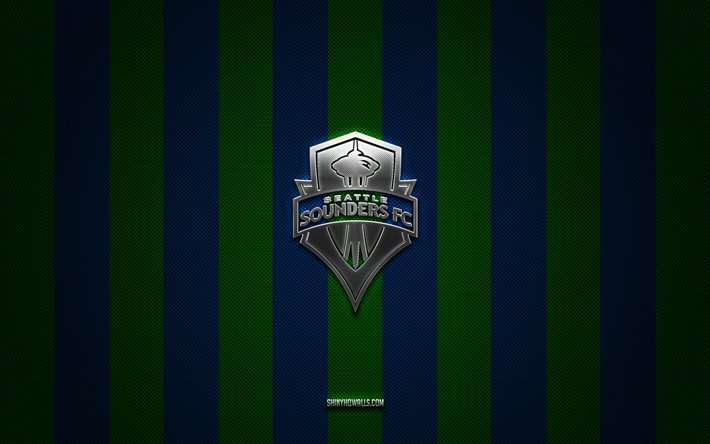 شعار سياتل ساوندرز, نادي كرة القدم الأمريكي, mls, خلفية الكربون الأخضر الأزرق, كرة القدم, سياتل ساوندرز, الولايات المتحدة الأمريكية, دوري كرة القدم, شعار سياتل ساوندرز المعدني الفضي