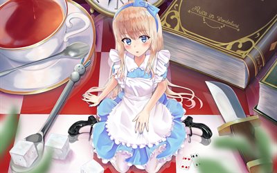 앨리스, 4k, 주인공, 이상한 나라의 앨리스, 일본 만화, 애니메이션 캐릭터, 앨리스 캐릭터, 이상한 나라의 앨리스 캐릭터
