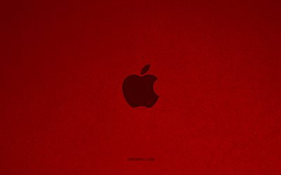 شعار شركة آبل, 4k, شعارات الهواتف الذكية, شعار أبل, نسيج الحجر الأحمر, تفاحة, ماركات التكنولوجيا, علامة التفاح, الحجر الأحمر الخلفية