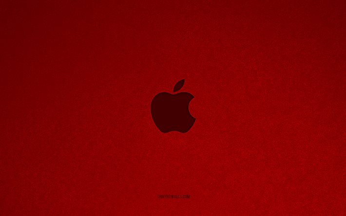애플 로고, 4k, 스마트폰 로고, 애플 엠블럼, 붉은 돌 질감, 사과, 기술 브랜드, 애플 사인, 붉은 돌 배경