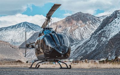 Bell 505 Jet Ranger X, 4k, passenger helicopter, Bell 505, helicopter on the pad, black helicopter, new helicopters, Bell