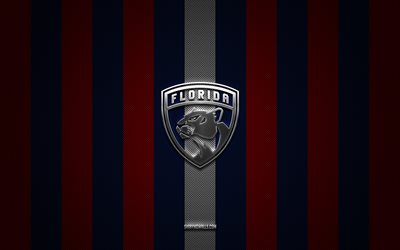 Florida Panthers logo, american hockey team, NHL, blue red carbon background, Florida Panthers emblem, hockey, Florida Panthers silver metal logo, Florida Panthers