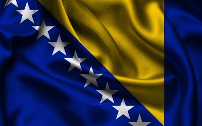 drapeau de la bosnie-herzégovine, 4k, les pays européens, les drapeaux de satin, le drapeau de la bosnie-herzégovine, le jour de la bosnie-herzégovine, les drapeaux ondulés de satin, le drapeau bosniaque, les symboles nationaux bosniaques, l europe, la bosnie-herzégovine