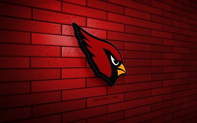 logotipo 3d de los cardenales de arizona, 4k, pared de ladrillo rojo, nfl, fútbol americano, logotipo de los cardenales de arizona, equipo de fútbol americano, logotipo deportivo, cardenales de arizona