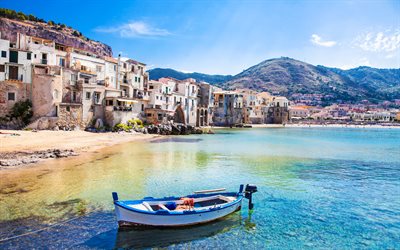 Cefalu, 4k, cityscapes, italian cities, beach, coast, Sicily, Italy, Europe, creative, Cefalu panorama, summer travel, Cefalu cityscape