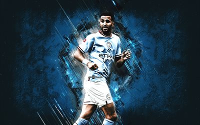 Riyad Mahrez, Manchester City FC, Algerian football player, blue stone background, football, Premier League, England