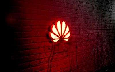 Huawei neon logo, 4k, red brickwall, grunge art, creative, logo on wire, Huawei red logo, Huawei logo, artwork, Huawei