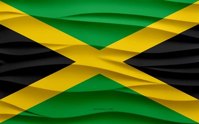 4k, Flag of Jamaica, 3d waves plaster background, Jamaica flag, 3d waves texture, Jamaica national symbols, Day of Jamaica, North America countries, 3d Jamaica flag, Jamaica, North America