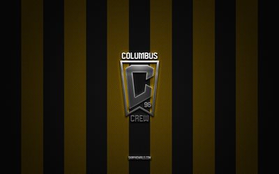 Columbus Crew logo, American soccer club, MLS, yellow black carbon background, Columbus Crew emblem, soccer, Columbus Crew, USA, Major League Soccer, Columbus Crew silver metal logo