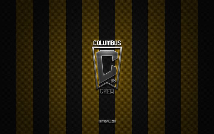 columbus crew-logo, american soccer club, mls, gelber schwarzer karbonhintergrund, columbus crew-emblem, fußball, columbus crew, usa, major league soccer, columbus crew-silbermetalllogo