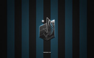 logo du minnesota united fc, club de football américain, mls, fond de carbone bleu, emblème du minnesota united fc, football, minnesota united fc, états-unis, major league soccer, logo en métal argenté du minnesota united fc