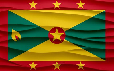 4k, Flag of Grenada, 3d waves plaster background, Grenada flag, 3d waves texture, Grenada national symbols, Day of Grenada, North America countries, 3d Grenada flag, Grenada, North America