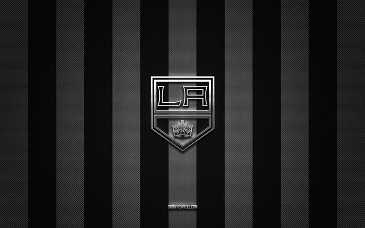 Los Angeles Kings logo, american hockey team, NHL, white black carbon background, Los Angeles Kings emblem, hockey, Los Angeles Kings silver metal logo, Los Angeles Kings, LA Kings