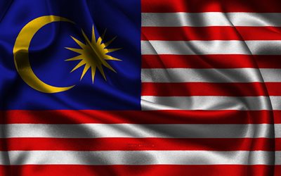 drapeau de la malaisie, 4k, les pays d asie, les drapeaux de satin, le drapeau de la malaisie, le jour de la malaisie, les drapeaux de satin ondulés, le drapeau malaisien, les symboles nationaux malaisiens, l asie, la malaisie
