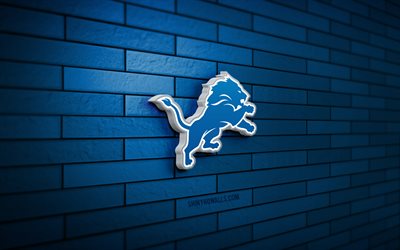 Detroit Lions 3D logo, 4K, blue brickwall, NFL, american football, Detroit Lions logo, american football team, sports logo, Detroit Lions