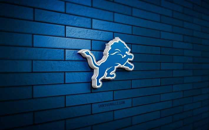 logotipo 3d de los leones de detroit, 4k, pared de ladrillo azul, nfl, fútbol americano, logotipo de los leones de detroit, equipo de fútbol americano, logotipo deportivo, leones de detroit