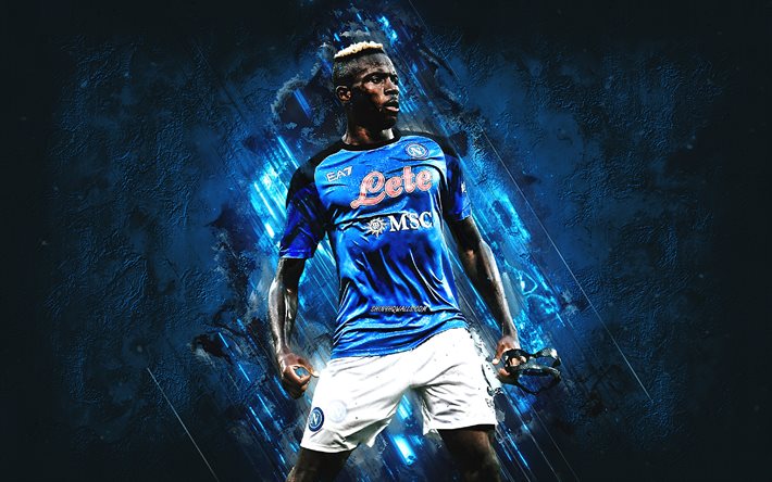 Victor Osimhen, Napoli, Nigerian Footballer, Serie A, Italy, SSC Napoli, Blue Stone Background, Osimhen Napoli