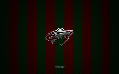 logo minnesota wild, équipe américaine de hockey, nhl, fond carbone vert rouge, emblème minnesota wild, hockey, logo métal argent minnesota wild, minnesota wild