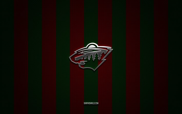 logo minnesota wild, squadra di hockey americana, nhl, sfondo rosso verde carbonio, emblema minnesota wild, hockey, logo in metallo argento minnesota wild, minnesota wild