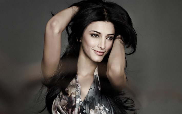 4k, shruti haasan, portrait, actrice indienne, photoshoot, robe grise, maquillage, star indienne, bollywood