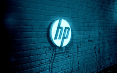hp neon logo, 4k, azul brickwall, grunge arte, hewlett-packard, criativo, logo on wire, hewlett-packard logo, hp blue logo, hp logo, obras de arte, hp