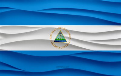 4k, Flag of Nicaragua, 3d waves plaster background, Nicaragua flag, 3d waves texture, Nicaragua national symbols, Day of Nicaragua, North America countries, 3d Nicaragua flag, Nicaragua, North America