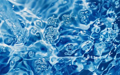 4k, textura de agua, fondo azul de agua, ahorrar agua, agua con bulbos, textura de agua azul, conceptos de agua