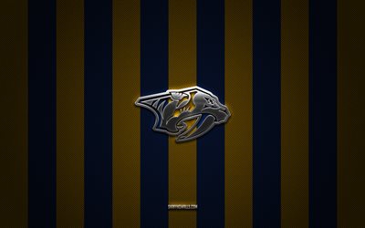 logotipo de nashville predators, equipo de hockey americano, nhl, fondo de carbono amarillo azul, emblema de nashville predators, hockey, logotipo de metal plateado de nashville predators, nashville predators