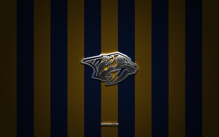 logotipo de nashville predators, equipo de hockey americano, nhl, fondo de carbono amarillo azul, emblema de nashville predators, hockey, logotipo de metal plateado de nashville predators, nashville predators