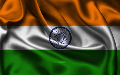 bandeira da índia, 4k, países asiáticos, cetim bandeiras, dia da índia, ondulado cetim bandeiras, bandeira indiana, indian símbolos nacionais, ásia, índia