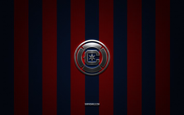 Chicago Fire logo, American soccer club, MLS, blue red carbon background, Chicago Fire emblem, soccer, Chicago Fire, USA, Major League Soccer, Chicago Fire silver metal logo
