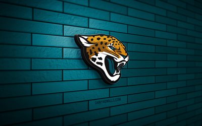 logotipo 3d de los jacksonville jaguars, 4k, pared de ladrillo azul, nfl, fútbol americano, logotipo de los jacksonville jaguars, equipo de fútbol americano, logotipo deportivo, jacksonville jaguars
