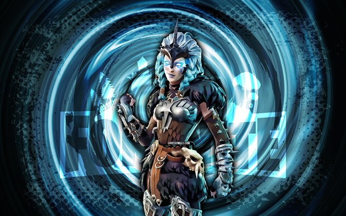 4k, valkyrie, fortnite, bleu grunge spirale fond, fortnite valkyrie skin, valkyrie fortnite personnage, valkyrie fortnite, fortnite caractères, grunge art, valkyrie skin