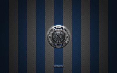 new york city fc-logo, american soccer club, mls, blau-weißer karbonhintergrund, new york city fc-emblem, fußball, new york city fc, usa, major league soccer, new york city fc silbermetall-logo