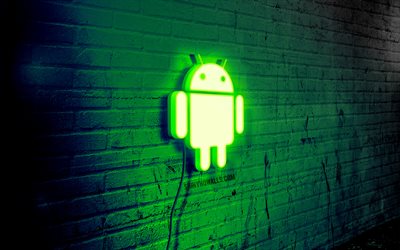 logotipo de neón de android, 4k, pared de ladrillo verde, arte grunge, creativo, logotipo en el cable, logotipo verde de android, logotipo de android, obras de arte, android