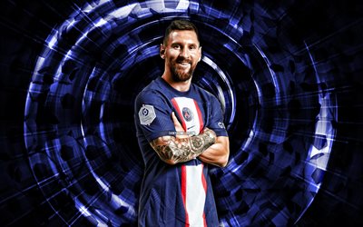 Lionel Messi, 4k, PSG, blue abstract background, soccer, argentinean footballers, Lionel Messi 4K, Leo Messi, abstract rays, football, Lionel Messi PSG, Paris Saint-Germain