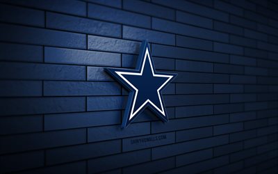 logo dallas cowboys 3d, 4k, muro di mattoni blu, nfl, football americano, logo dallas cowboys, squadra di football americano, logo sportivo, dallas cowboys