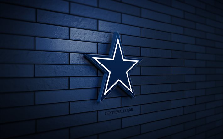logotipo 3d de los dallas cowboys, 4k, pared de ladrillo azul, nfl, fútbol americano, logotipo de los dallas cowboys, equipo de fútbol americano, logotipo deportivo, dallas cowboys