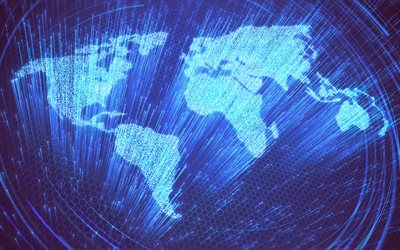 carte du monde au néon bleu, 4k, réseaux mondiaux, carte du monde, communications, fond bleu avec carte du monde, fond bleu de technologie, concepts de carte du monde, points de lumière bleue de carte du monde, silhouette de lumière bleue de carte du monde