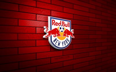 logo new york red bulls 3d, 4k, muro di mattoni rossi, mls, calcio, squadra di calcio americana, logo new york red bulls, new york red bulls, logo sportivo, new york red bulls fc, ny red bulls