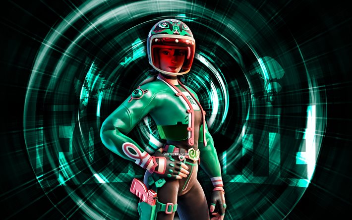 Jade Racer, 4k, turquoise abstract background, Fortnite, abstract rays, Jade Racer Skin, Fortnite Jade Racer Skin, Fortnite characters, Jade Racer Fortnite